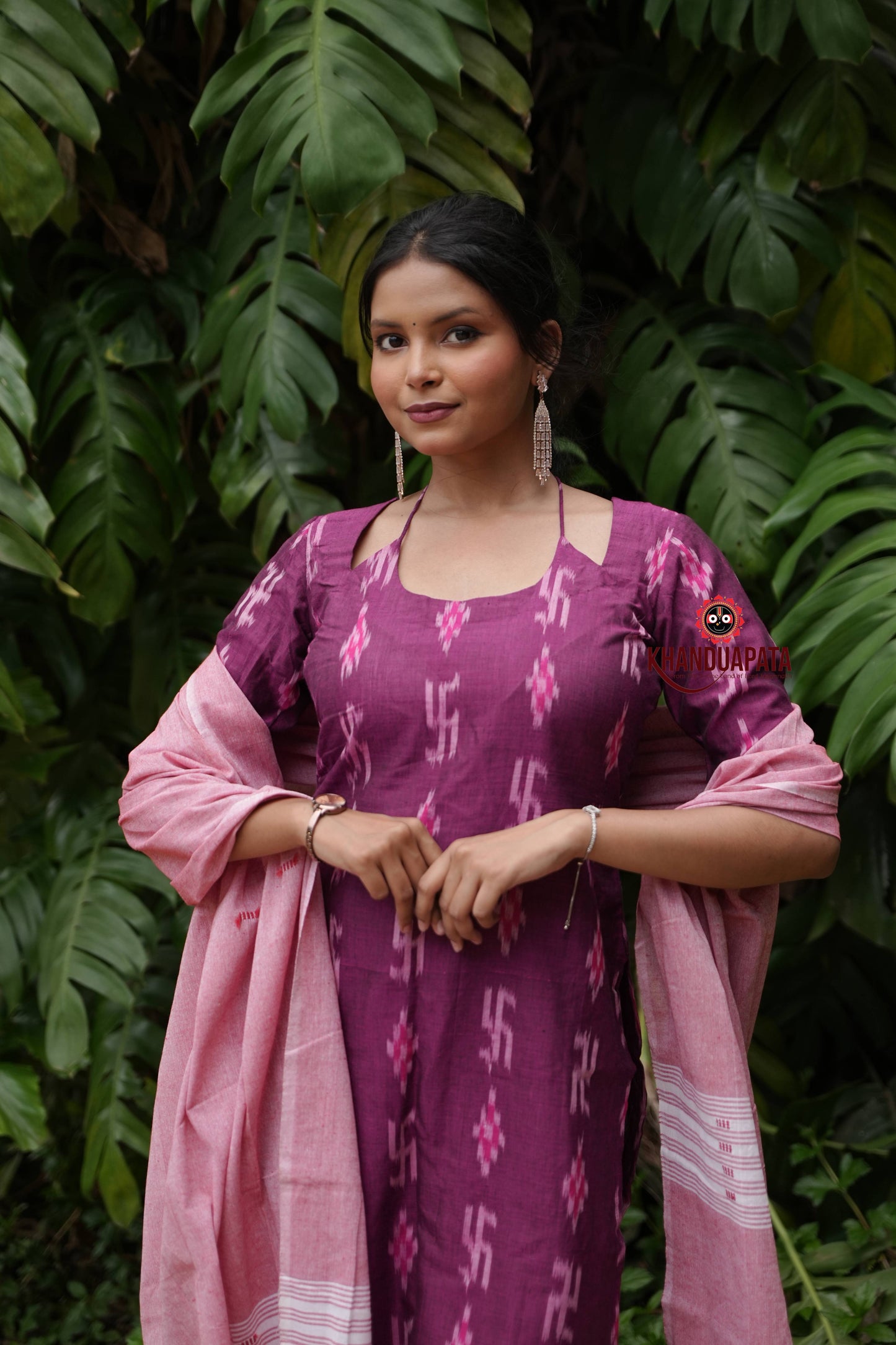 Magenta Colour Swastik Design Unstitched Cotton Suit For Women