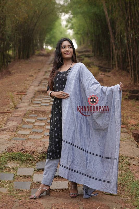 Black & Ash Grey Colour Body Design Unstitched Cotton Suit For Women
