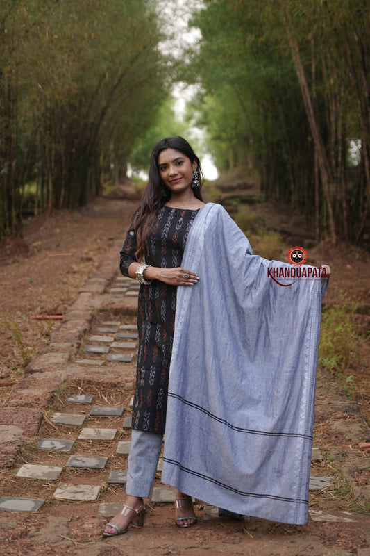 Black & Grey Fish Design Unstitched Cotton Suit For Women