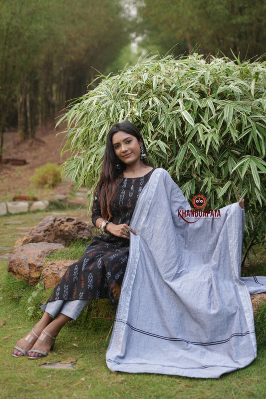 Black & Grey Fish Design Unstitched Cotton Suit For Women