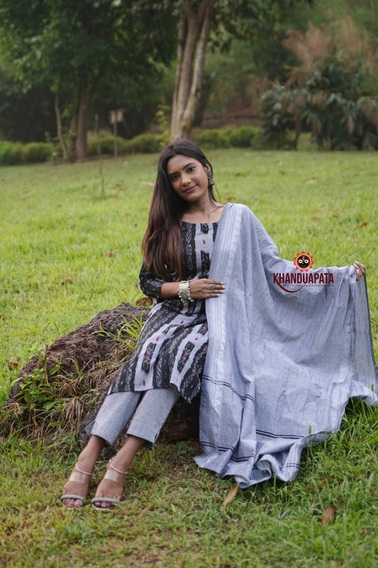 Black & Grey Body Design Unstitched Cotton Suit For Women