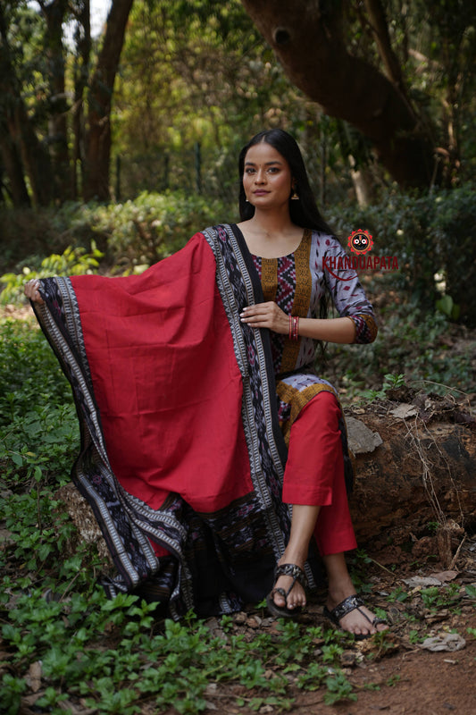 Grey & Red Body Design Unstitched Cotton Suit For Women
