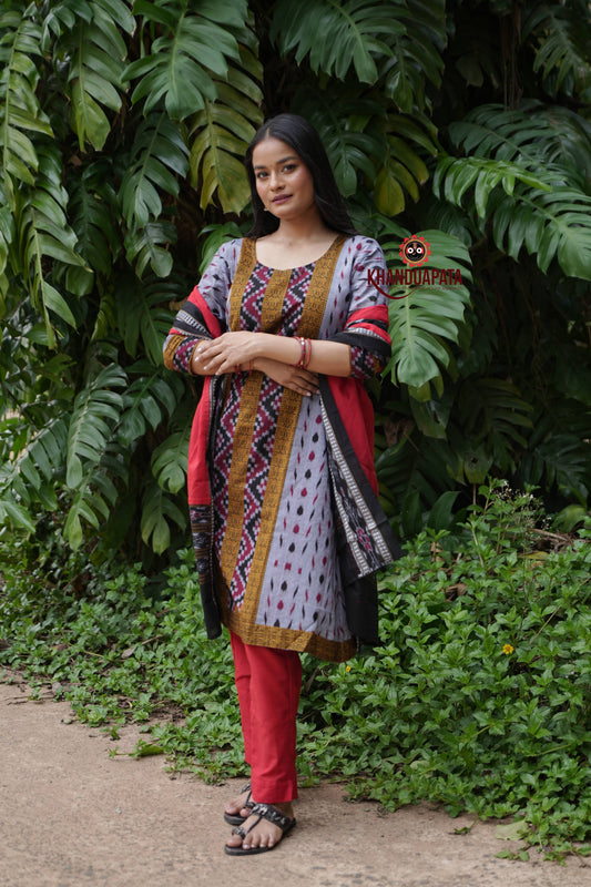 Grey & Red Body Design Unstitched Cotton Suit For Women