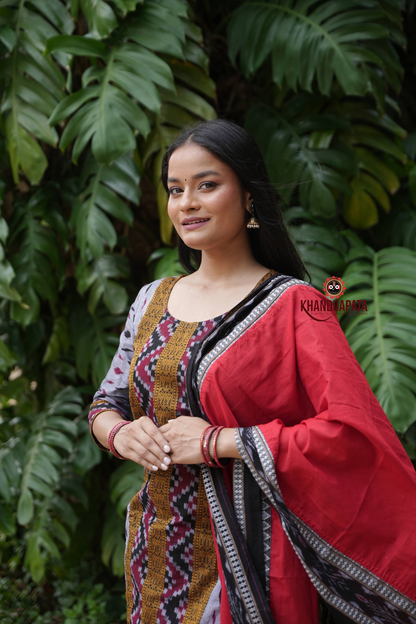 Grey & Red Body Design Unstitched Cotton Suit For Women