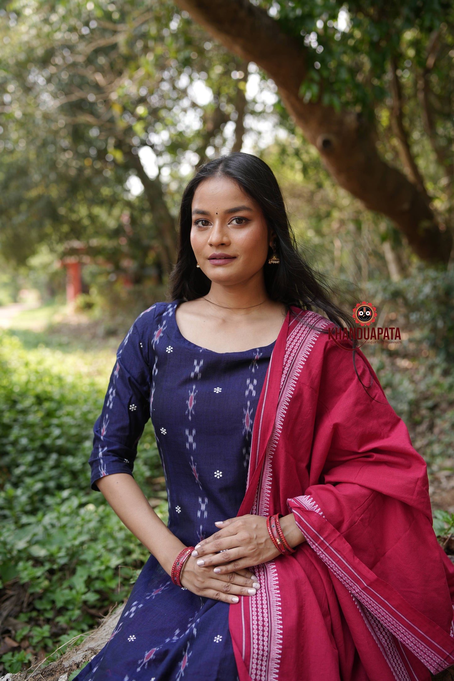 Midnight Blue & Red Body Design Unstitched Cotton Suit For Women