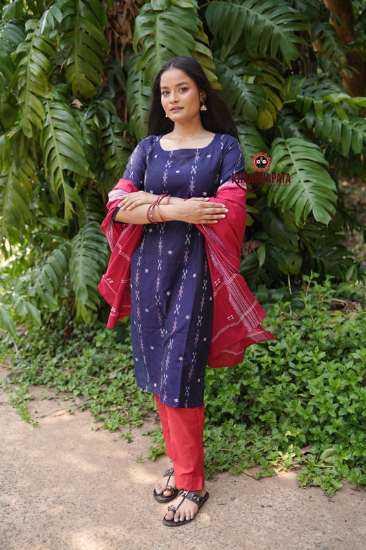 Midnight Blue & Red Body Design Unstitched Cotton Suit For Women