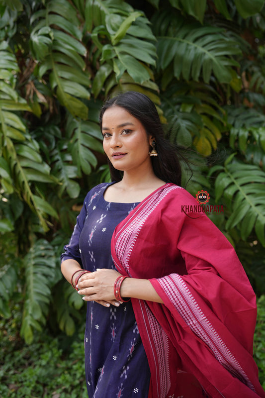 Midnight Blue & Red Body Design Unstitched Cotton Suit For Women