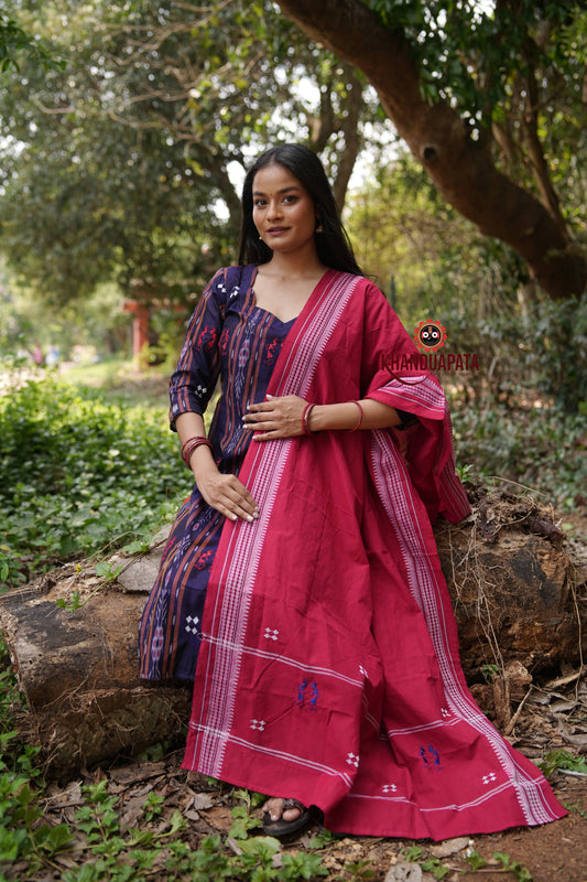 Blue & Red Body Design Unstitched Cotton Suit For Women