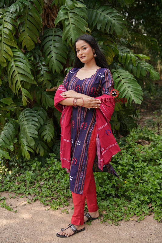 Blue & Red Body Design Unstitched Cotton Suit For Women