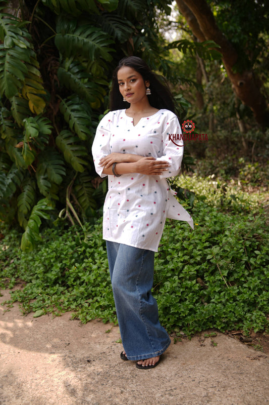 White Floral Butti Design Unsitched Cotton Kurti For Women