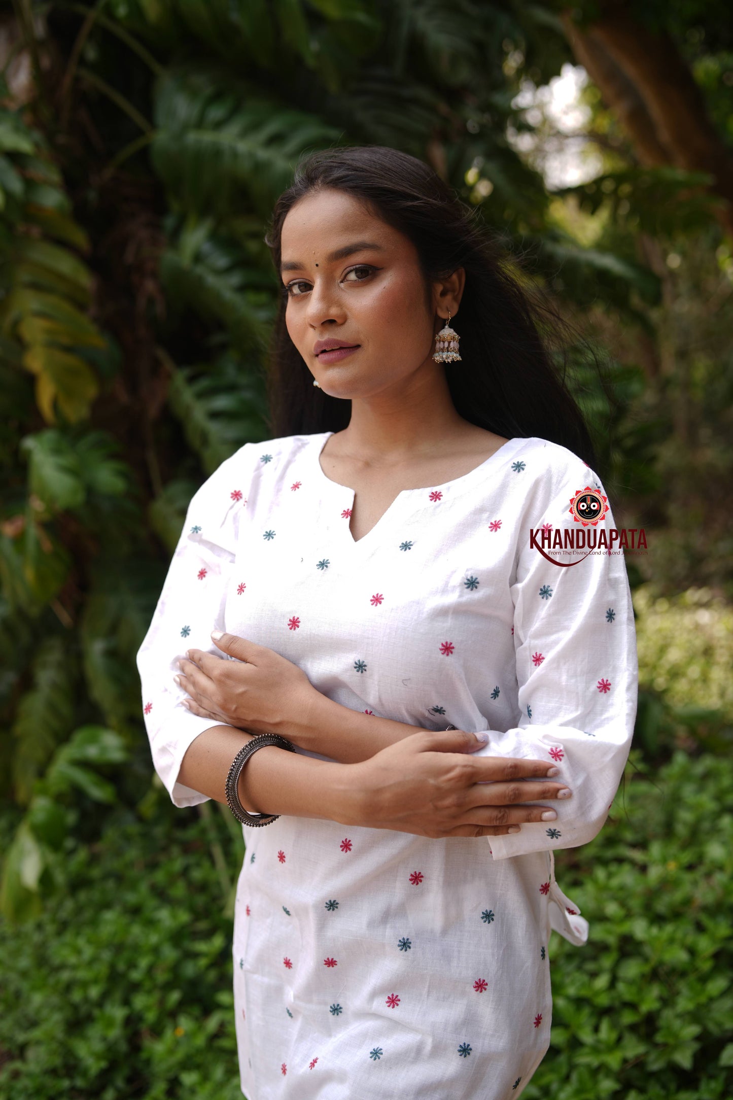 White Floral Butti Design Unsitched Cotton Kurti For Women