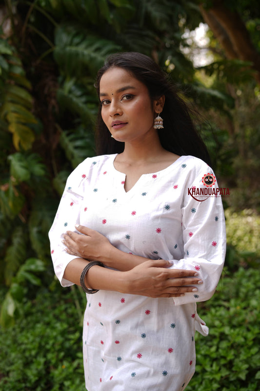 White Floral Butti Design Unsitched Cotton Kurti For Women
