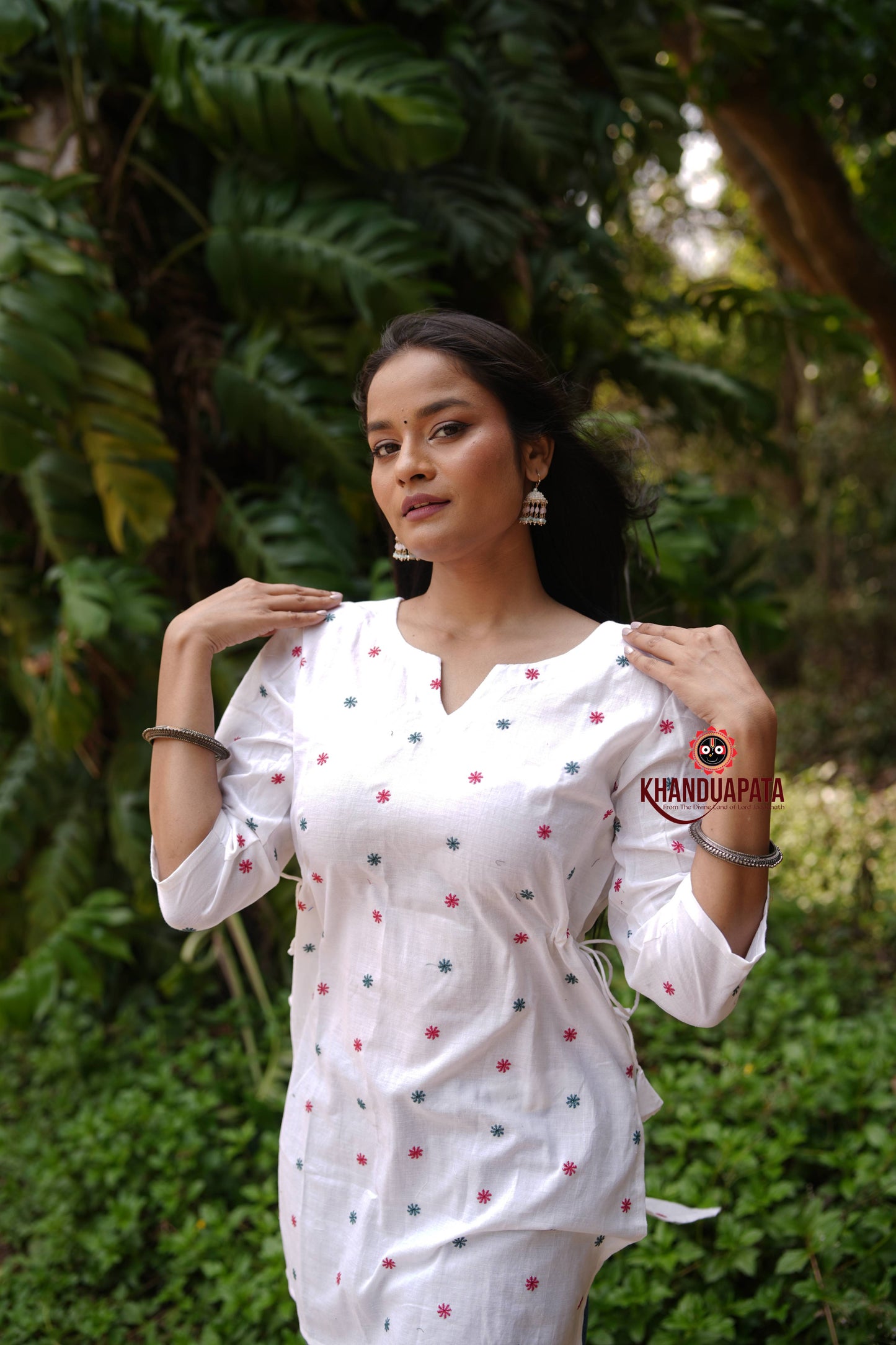 White Floral Butti Design Unsitched Cotton Kurti For Women