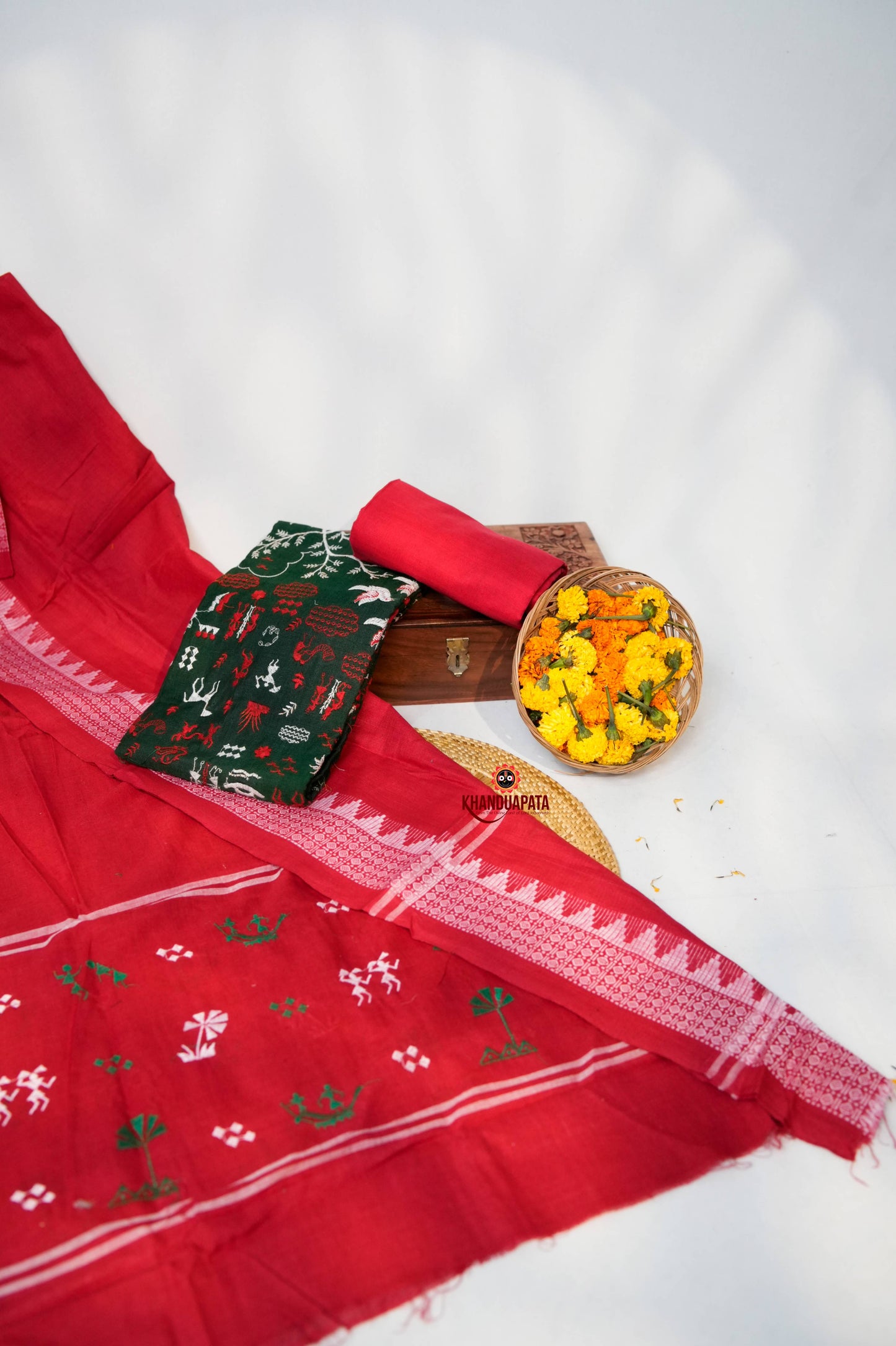 Red & Green Embroidery Tribal Design Unstitched Cotton Suit For Women