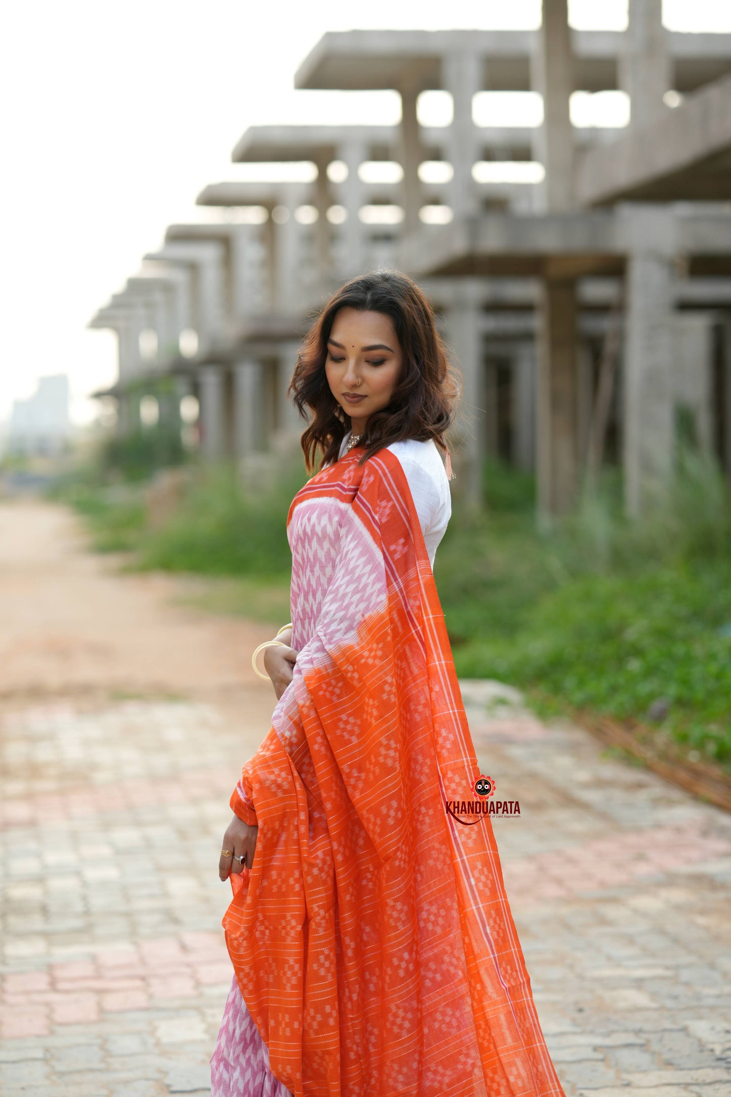 Orange & Pink Border Pasapali Design Cotton Saree For Women