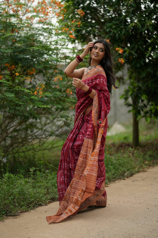 Maroon & Orange Colour Tribal Design Cotton Saree For Women