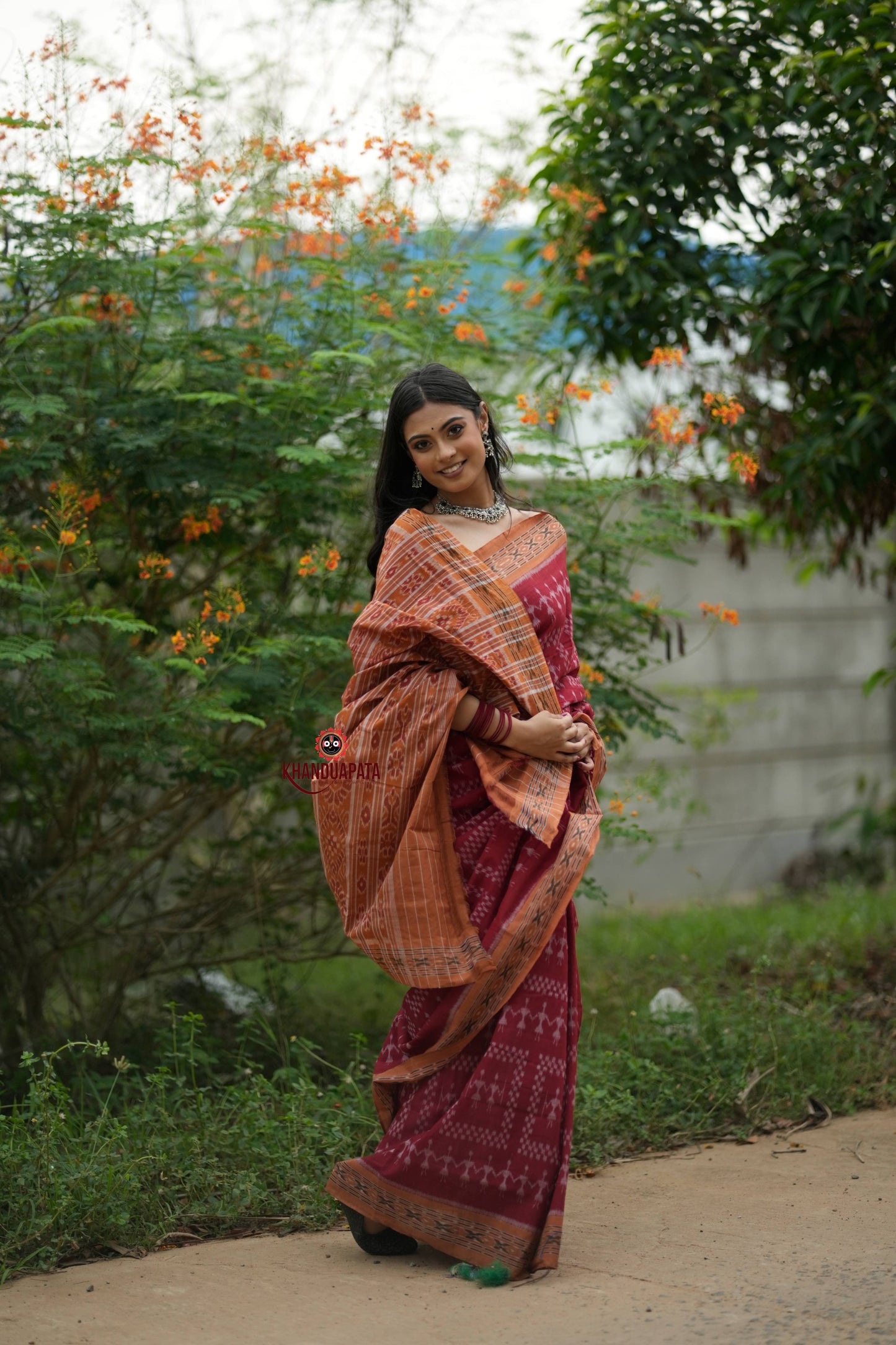 Maroon & Orange Colour Tribal Design Cotton Saree For Women