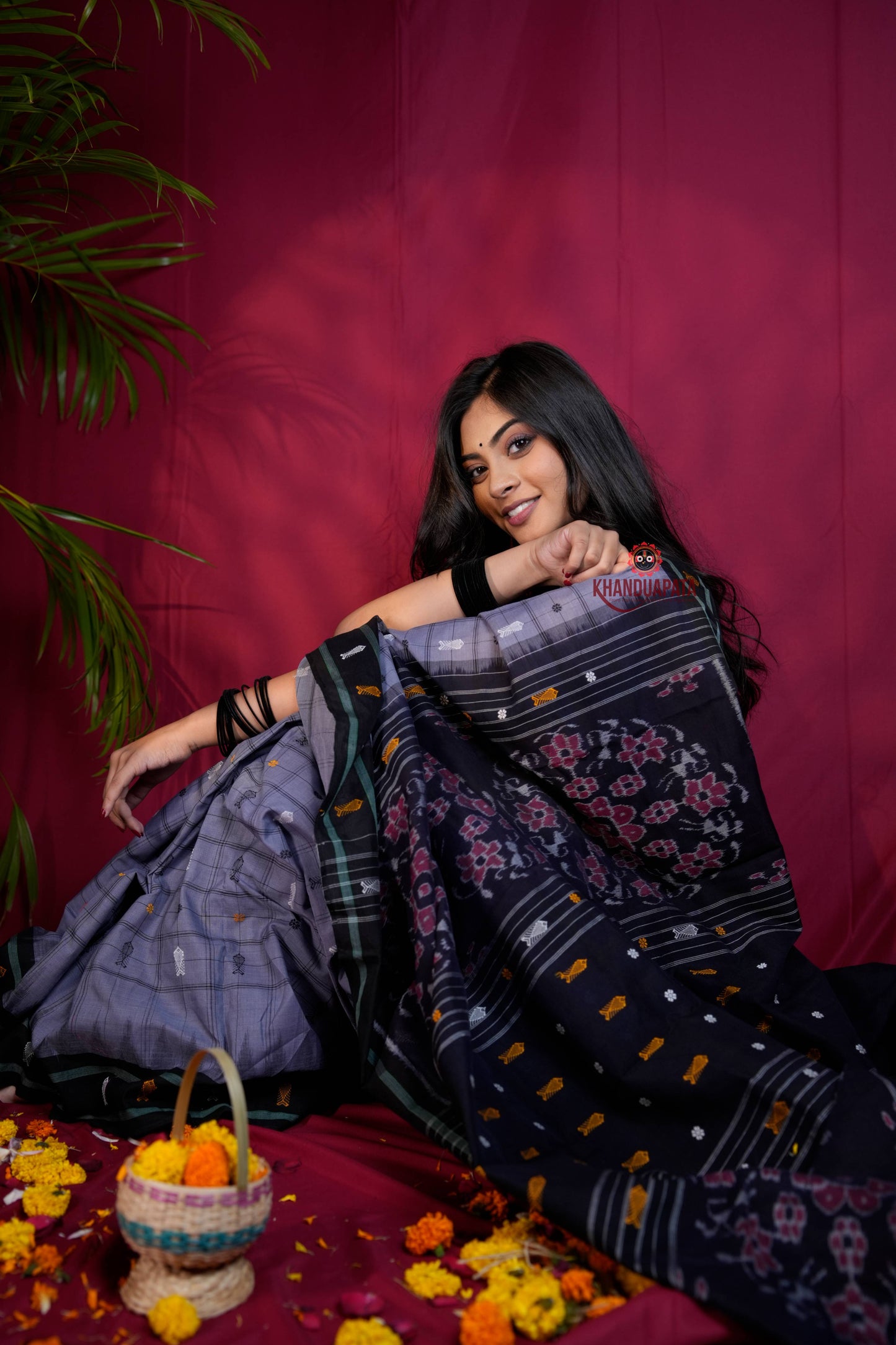 Grey & Black Colour Fish Design Cotton Saree For Women