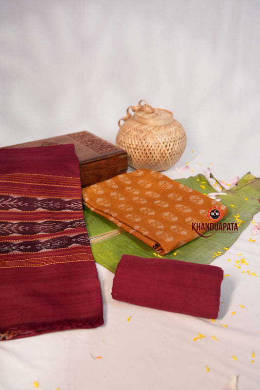Maroon & Brown Ethnic Design Unstitched Cotton Suit For Women