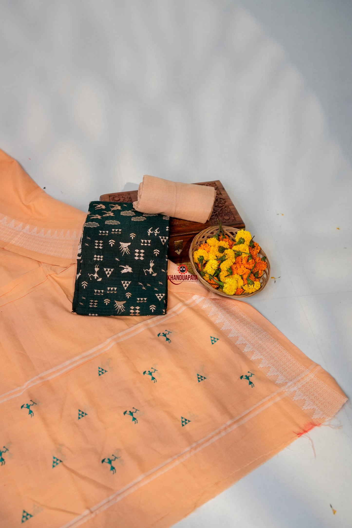 Black & Peach Embroidery Tribal Design Unstitched Cotton Suit For Women