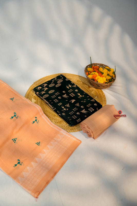 Black & Peach Embroidery Tribal Design Unstitched Cotton Suit For Women