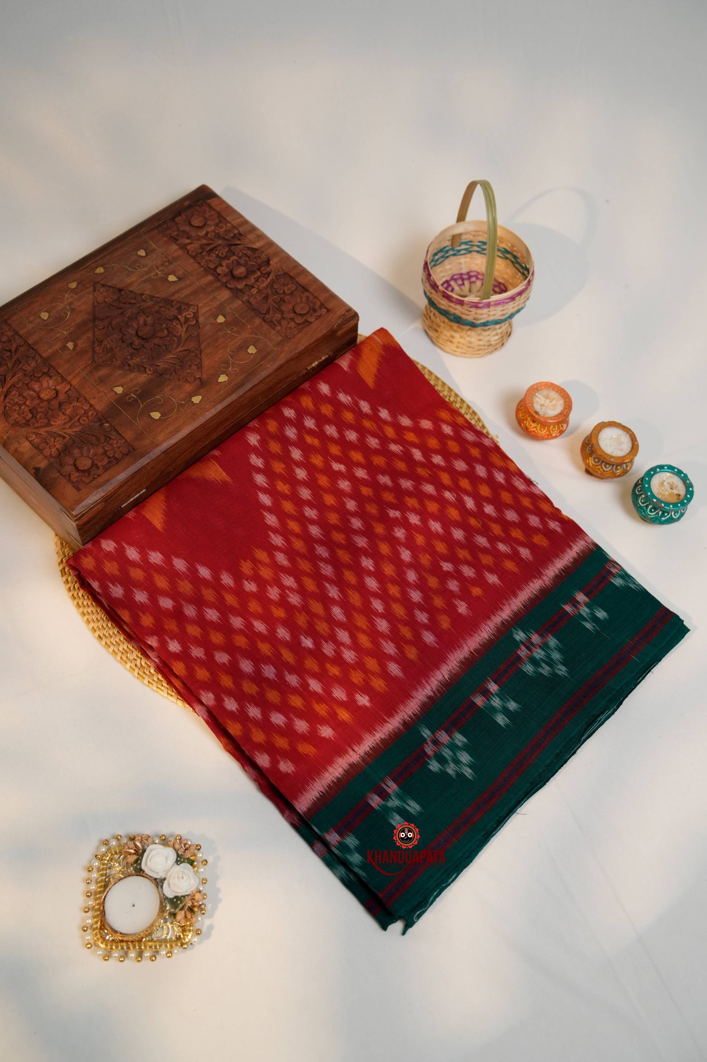 Red & Green Design Cotton Saree For Women