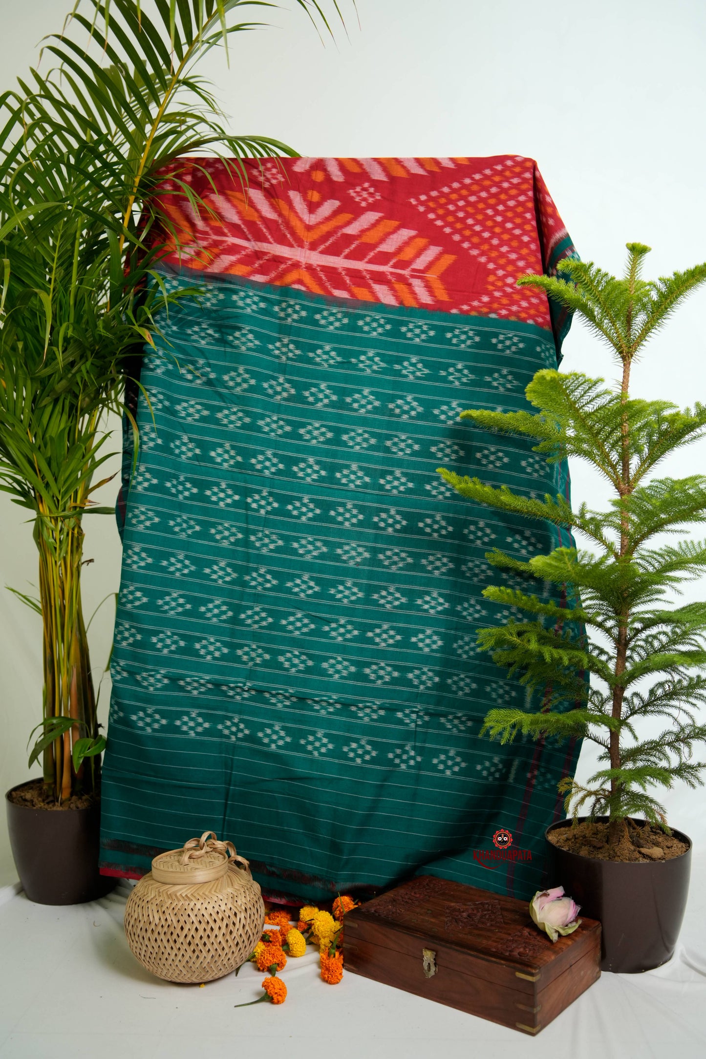 Red & Green Design Cotton Saree For Women