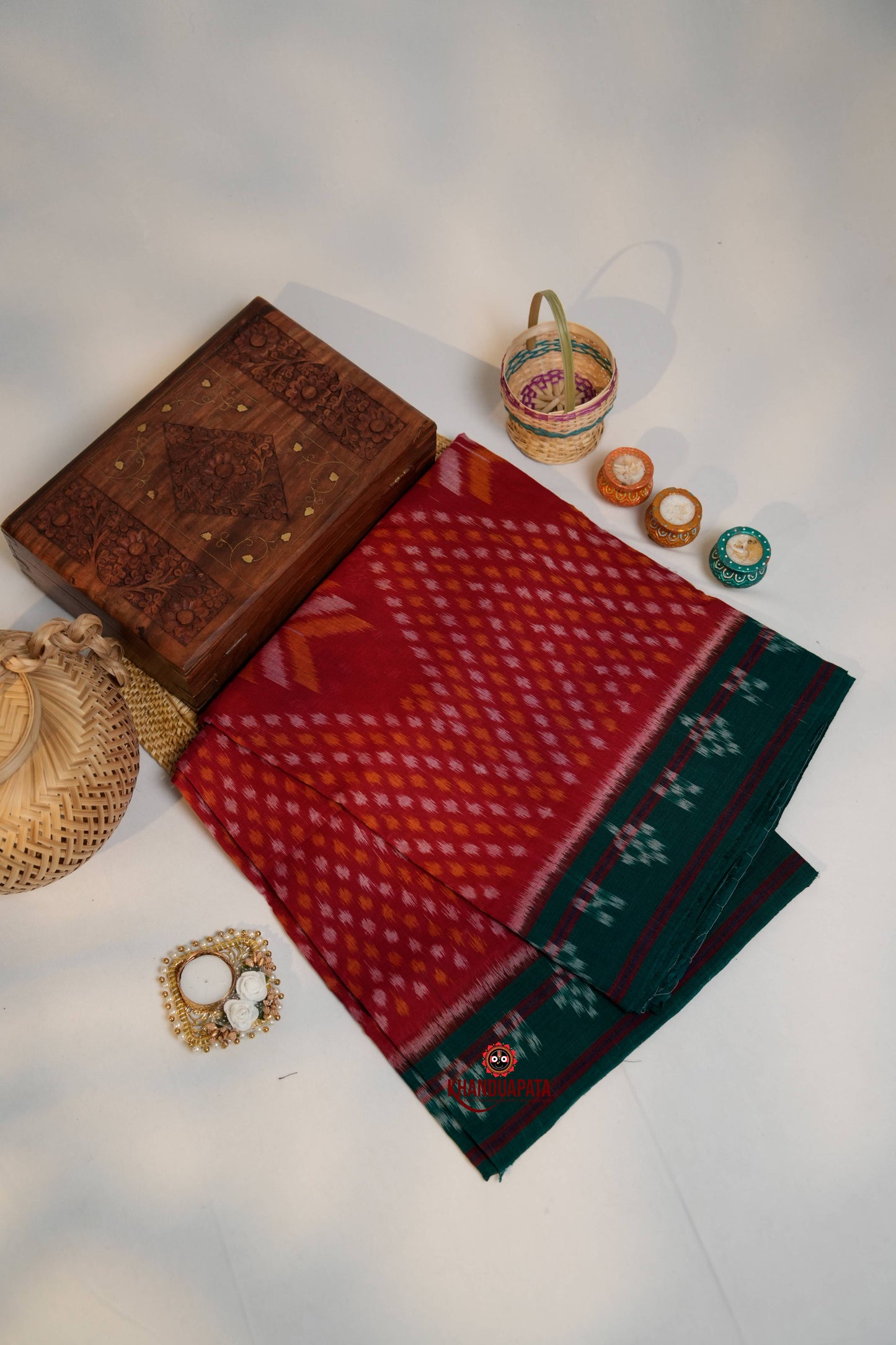Red & Green Design Cotton Saree For Women