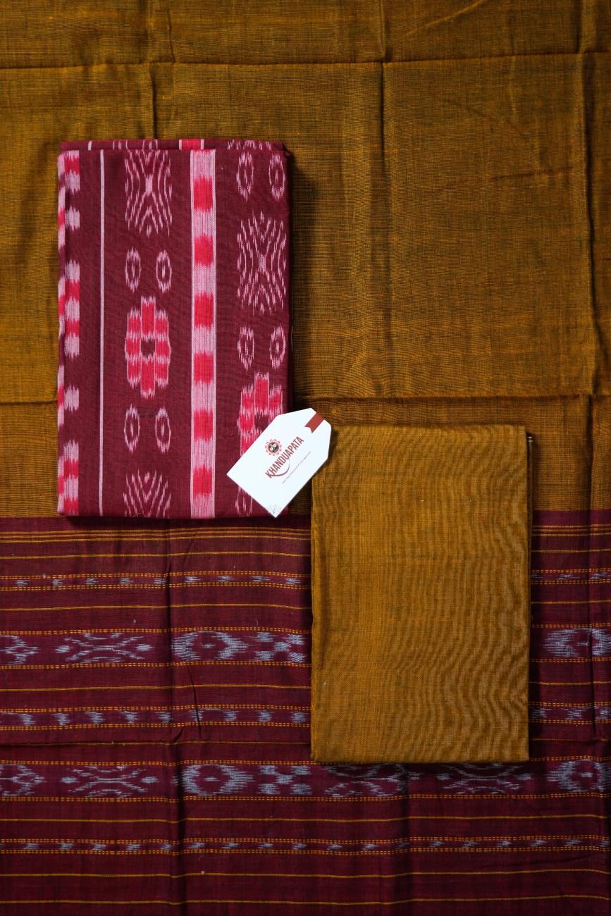 Maroon & Mustard Flower Design Unstitched Cotton Suit For Women