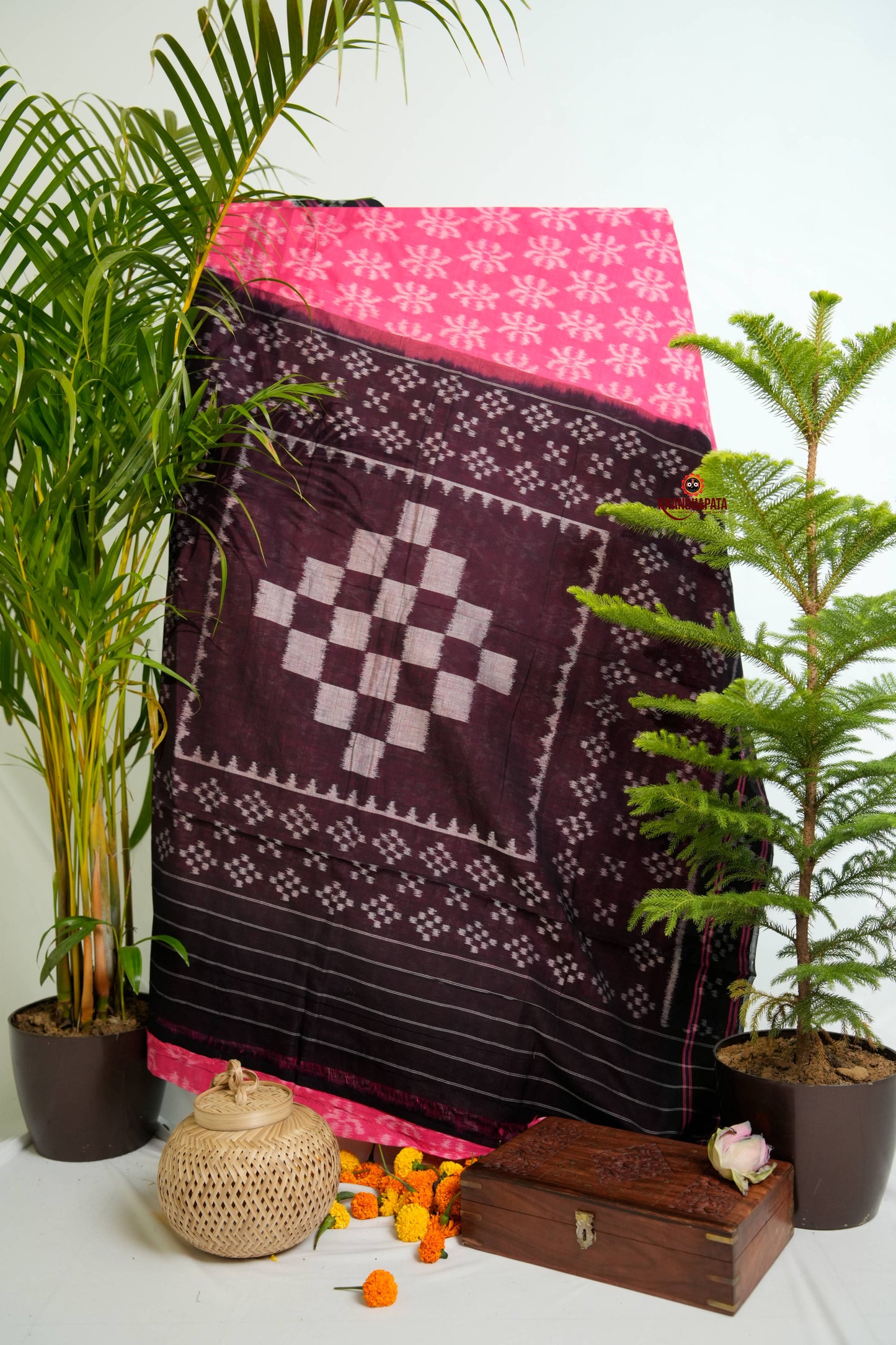 Pink & Black Colour Flower Design Cotton Saree For Women