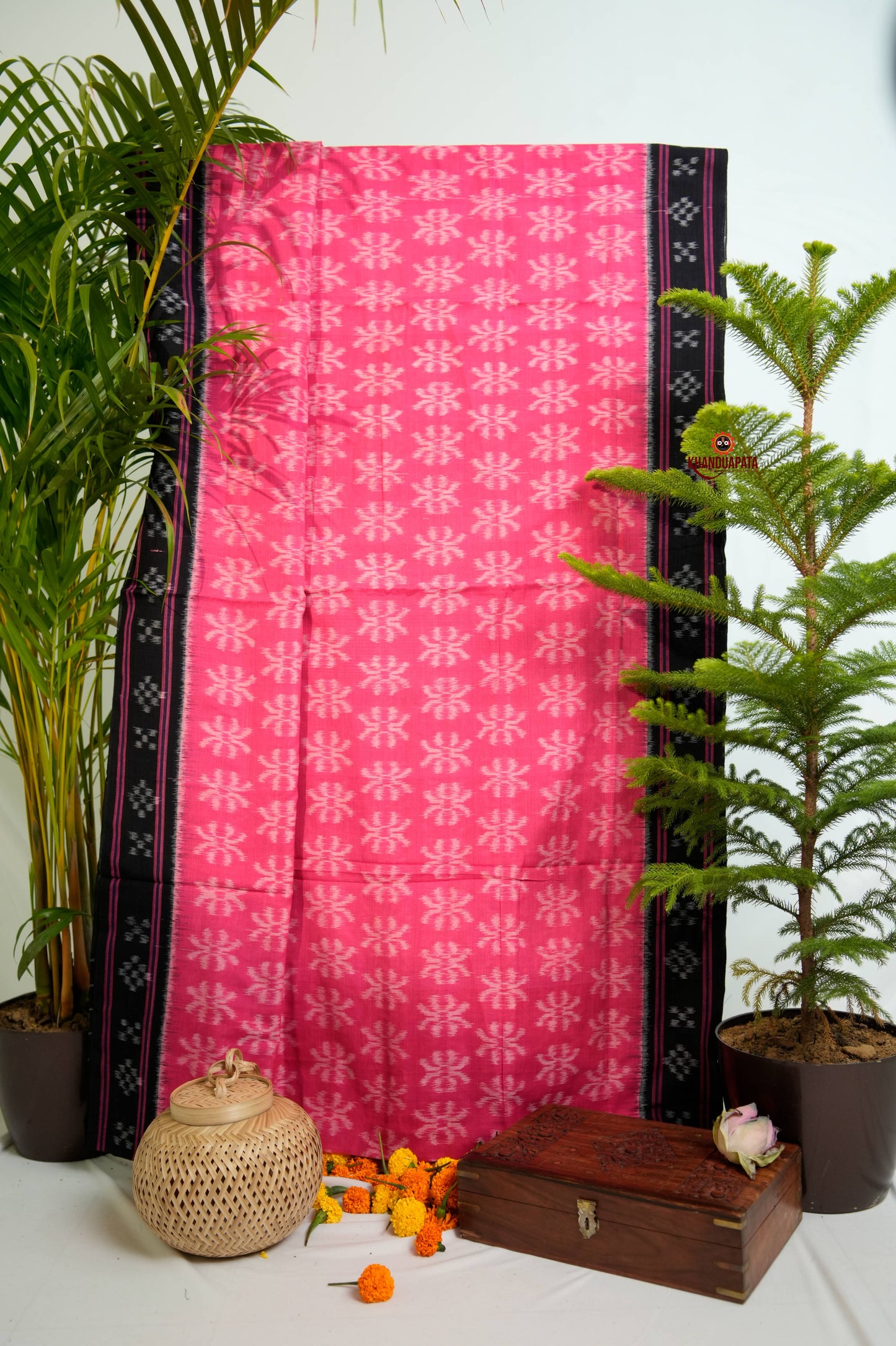 Pink & Black Colour Flower Design Cotton Saree For Women