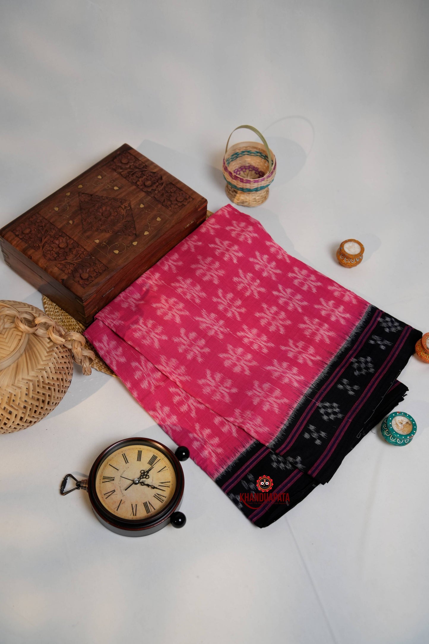 Pink & Black Colour Flower Design Cotton Saree For Women