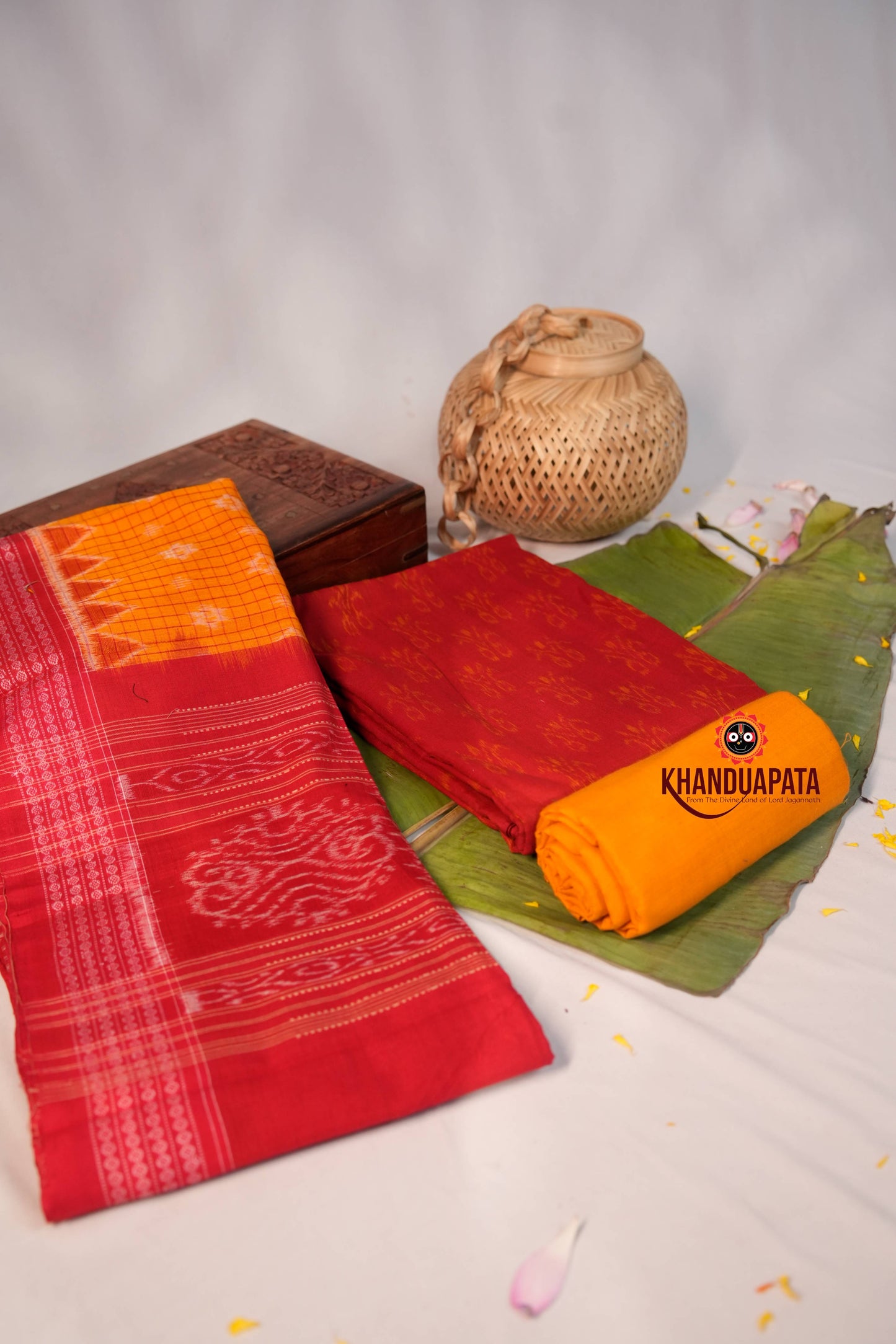 Yellow & Red Ethnic Design Unstitched Cotton Suit For Women