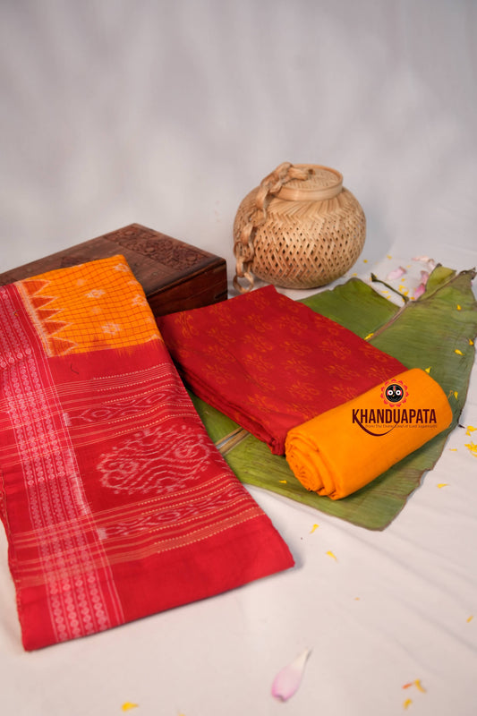 Yellow & Red Ethnic Design Unstitched Cotton Suit For Women