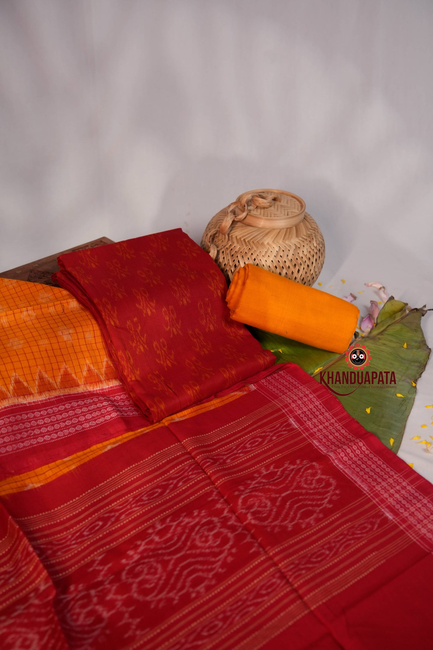 Yellow & Red Ethnic Design Unstitched Cotton Suit For Women