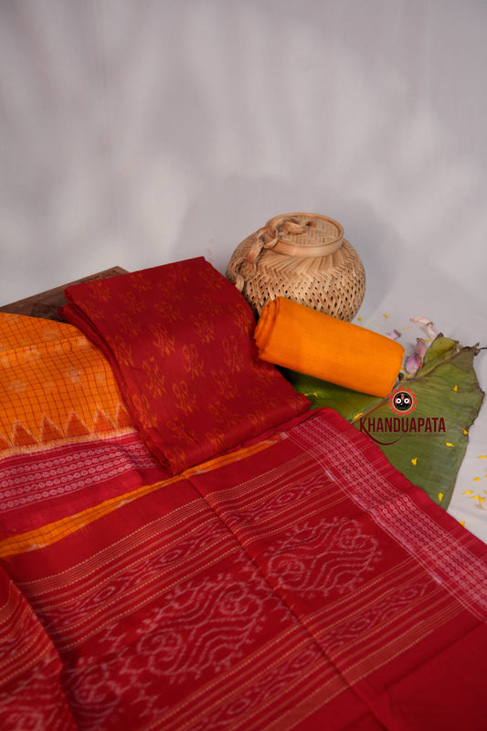 Yellow & Red Ethnic Design Unstitched Cotton Suit For Women