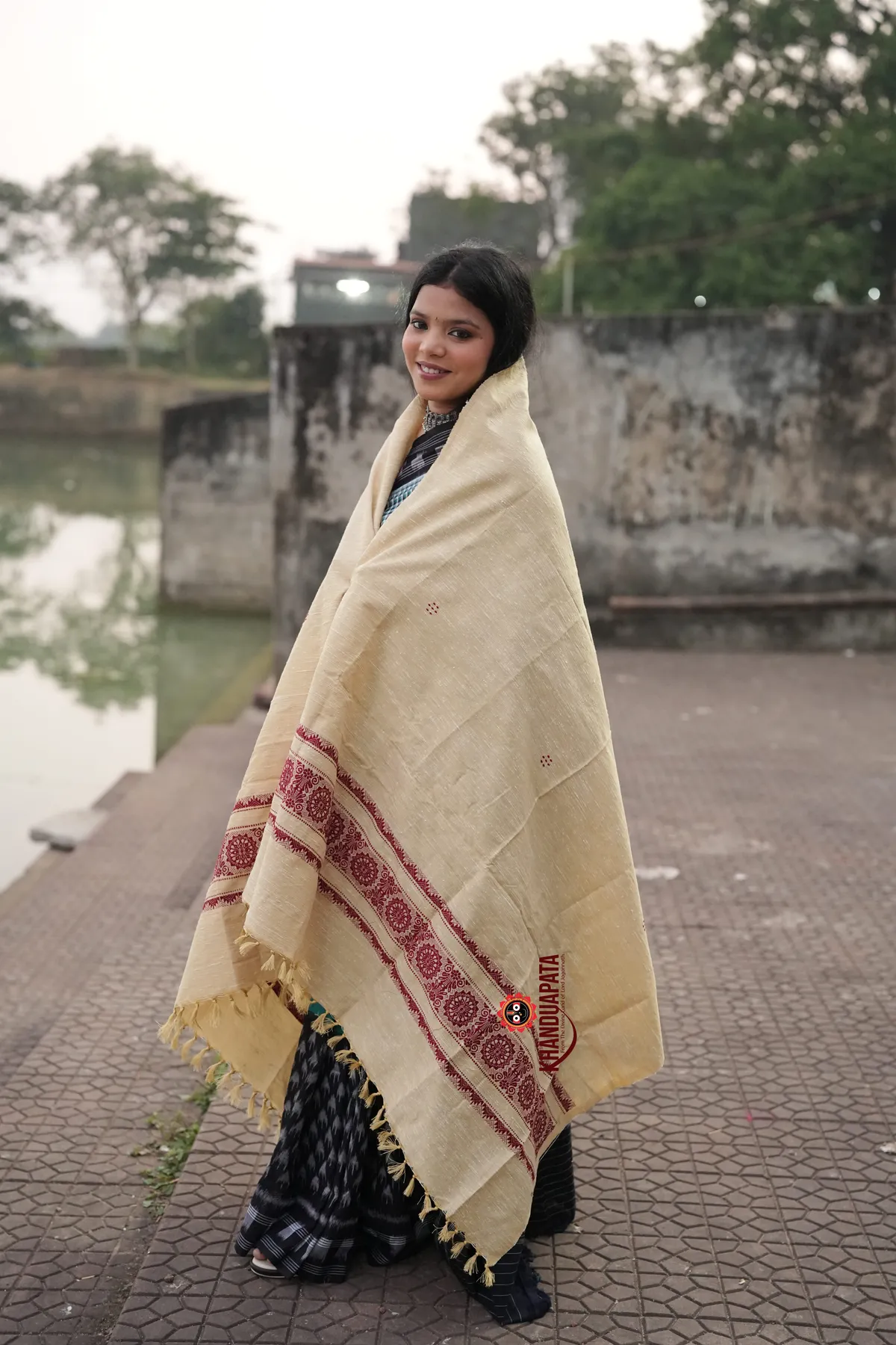 Beige & Deep Red Chakra Design Heritage Shawl For Winter For Women