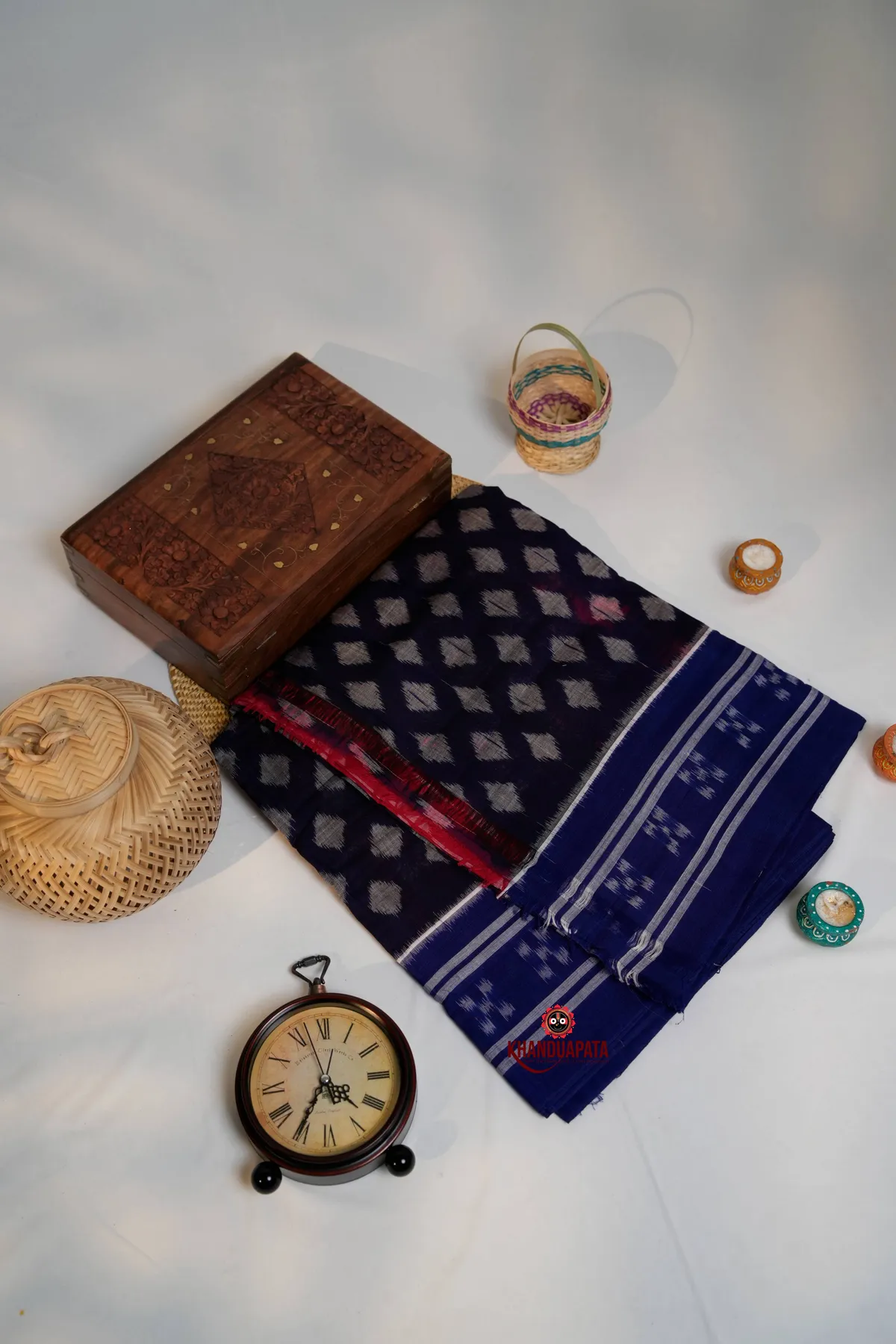 Dark Blue & Red Colour Triangle Design Cotton Saree For Women