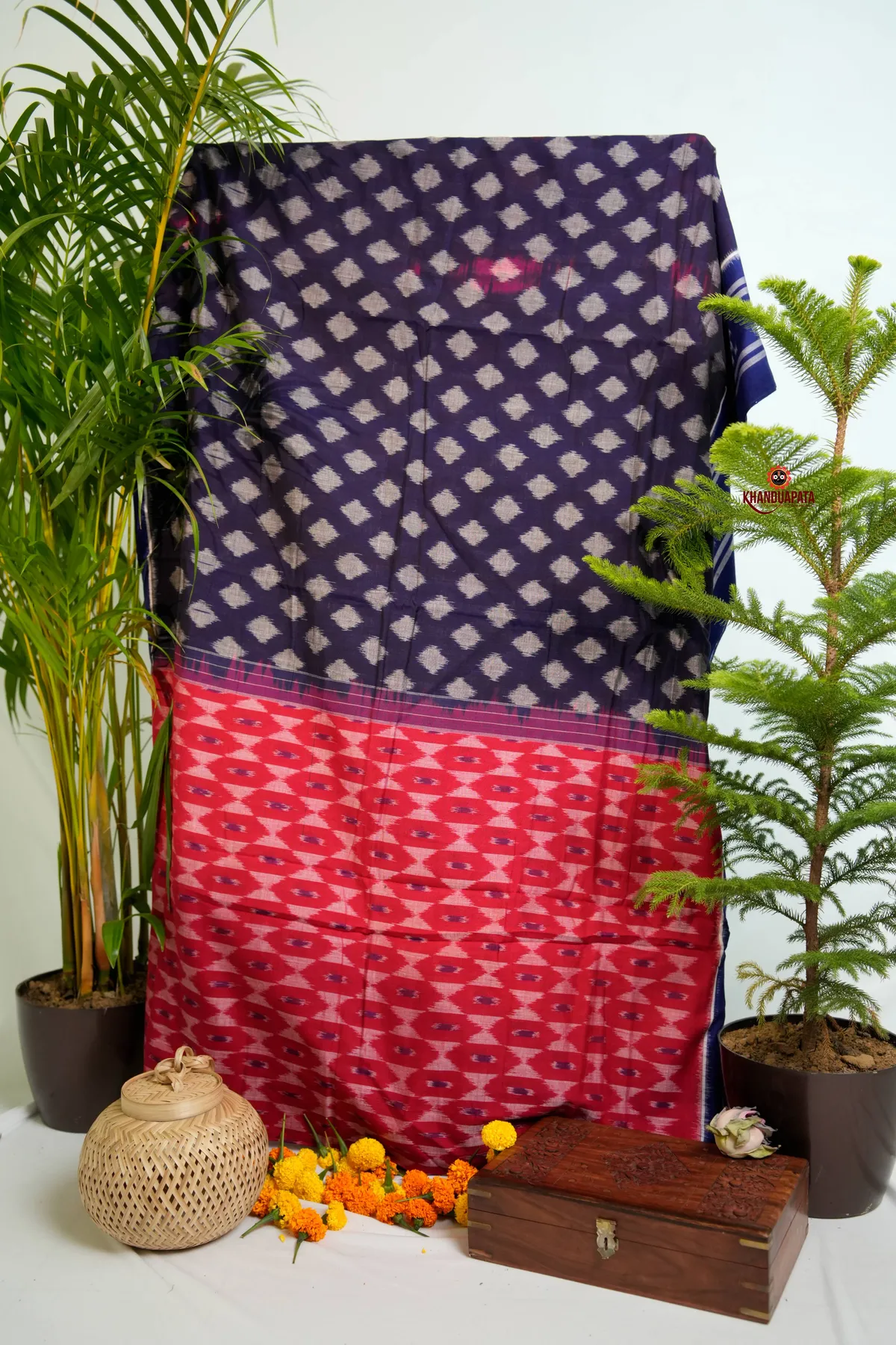 Dark Blue & Red Colour Triangle Design Cotton Saree For Women