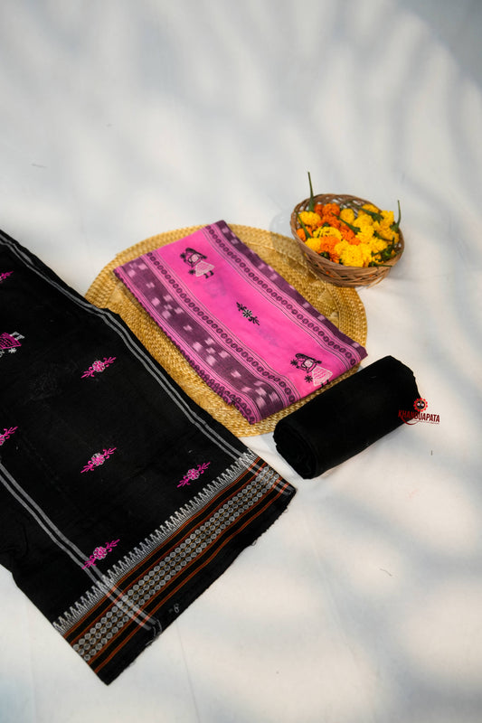 Pink & Black Embroidery Doll Design Unstitched Cotton Suit For Women