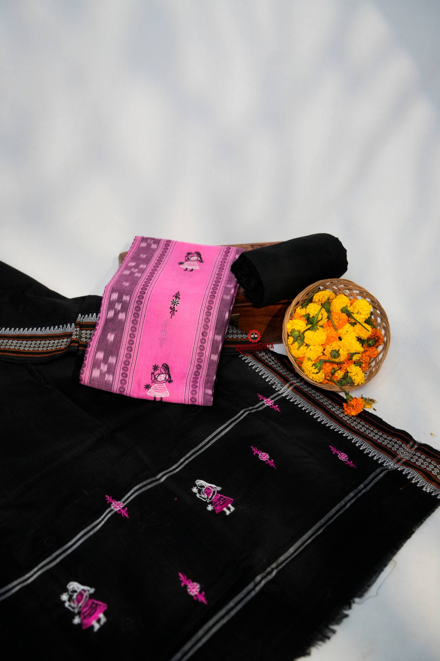 Pink & Black Embroidery Doll Design Unstitched Cotton Suit For Women