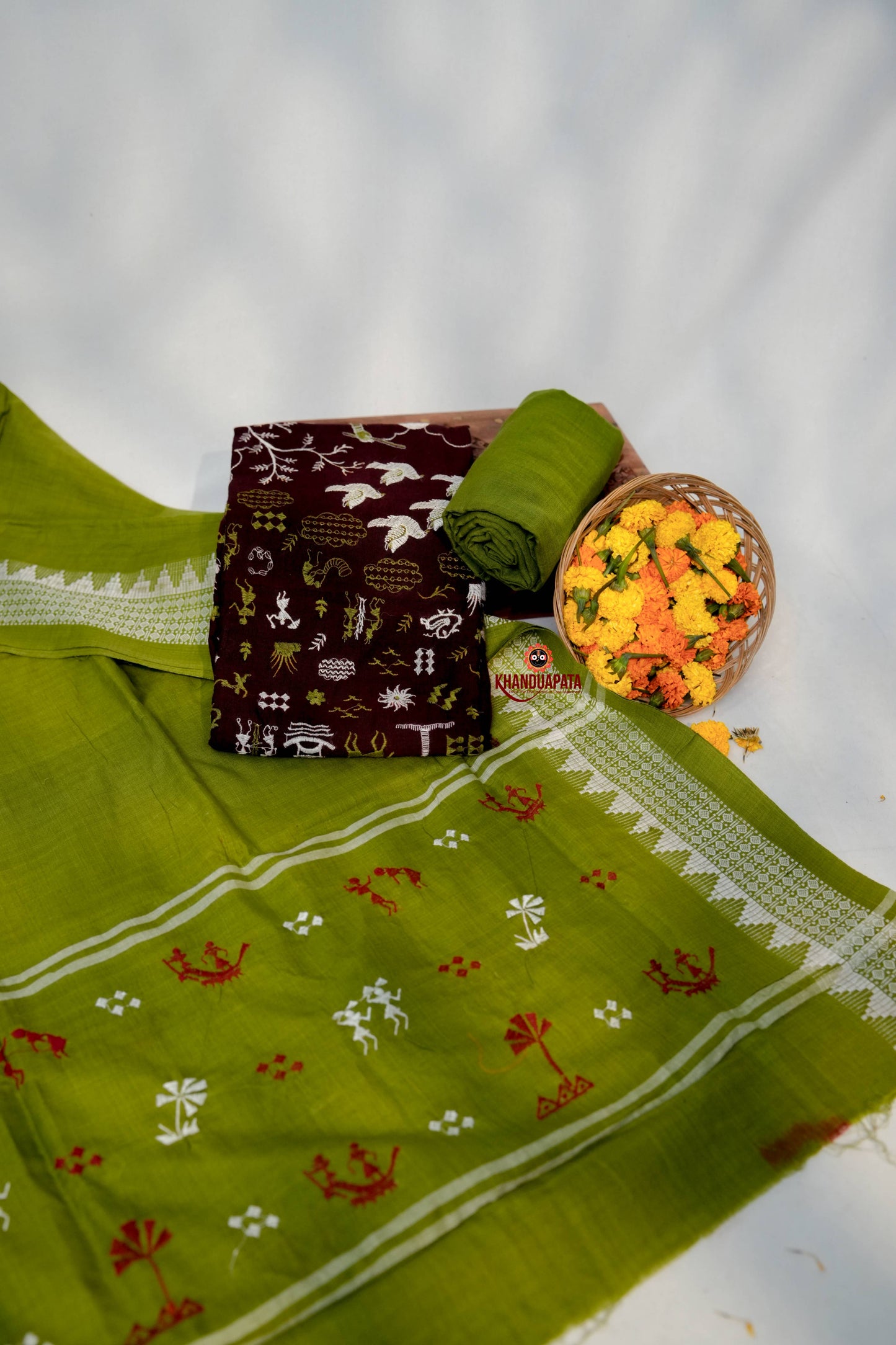 Maroon & Green Embroidery Design Unstitched Cotton Suit For Women