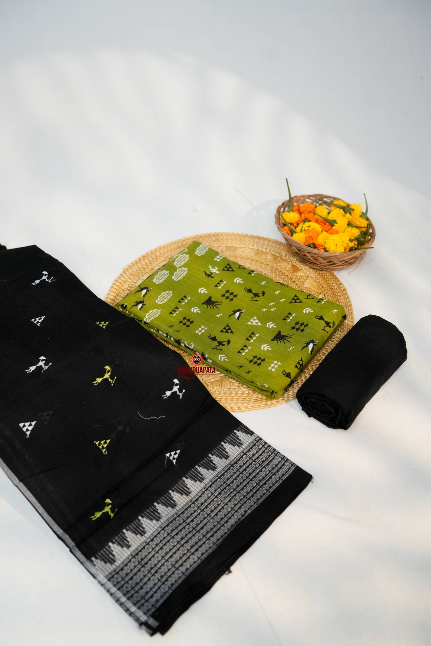 Black & Green Embroidery Tribal Design Unstitched Cotton Suit For Women