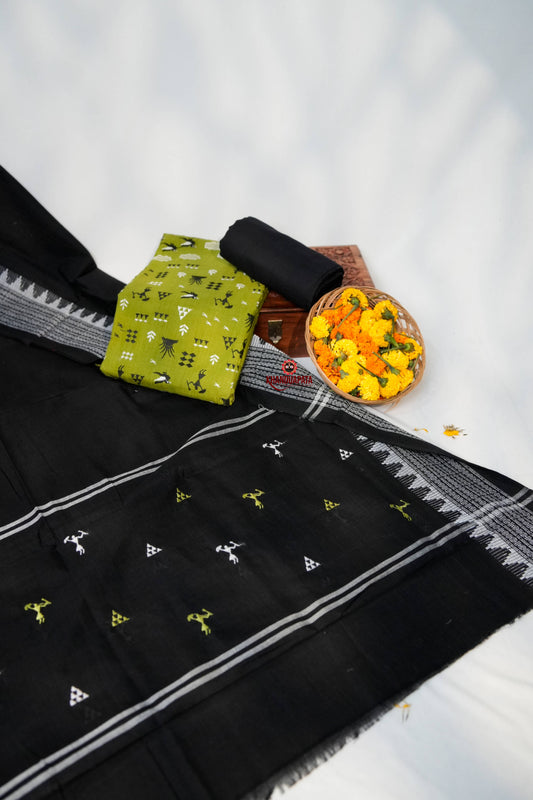 Black & Green Embroidery Tribal Design Unstitched Cotton Suit For Women