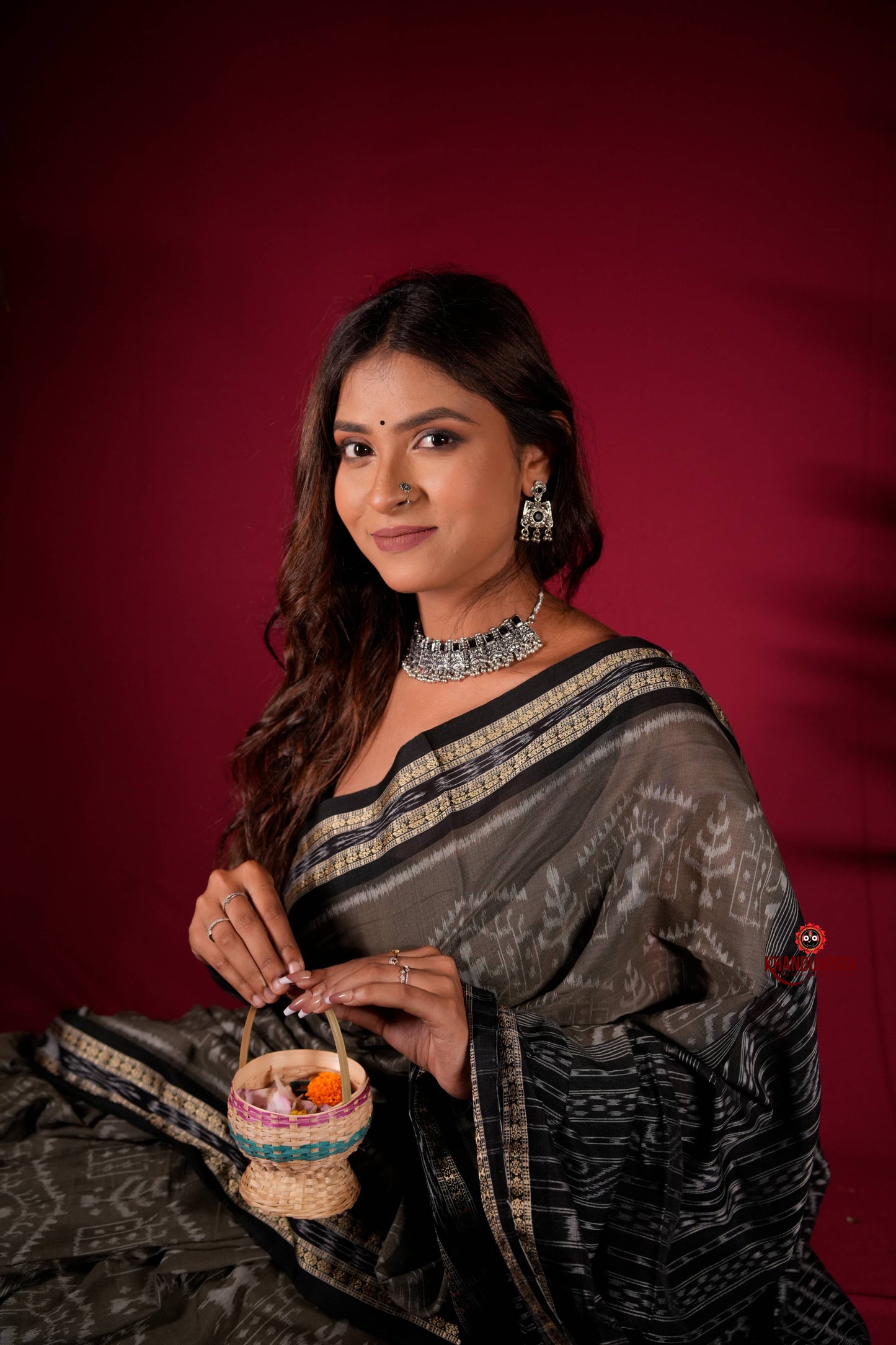Grey & Black Colour Body Design Cotton Saree For Women