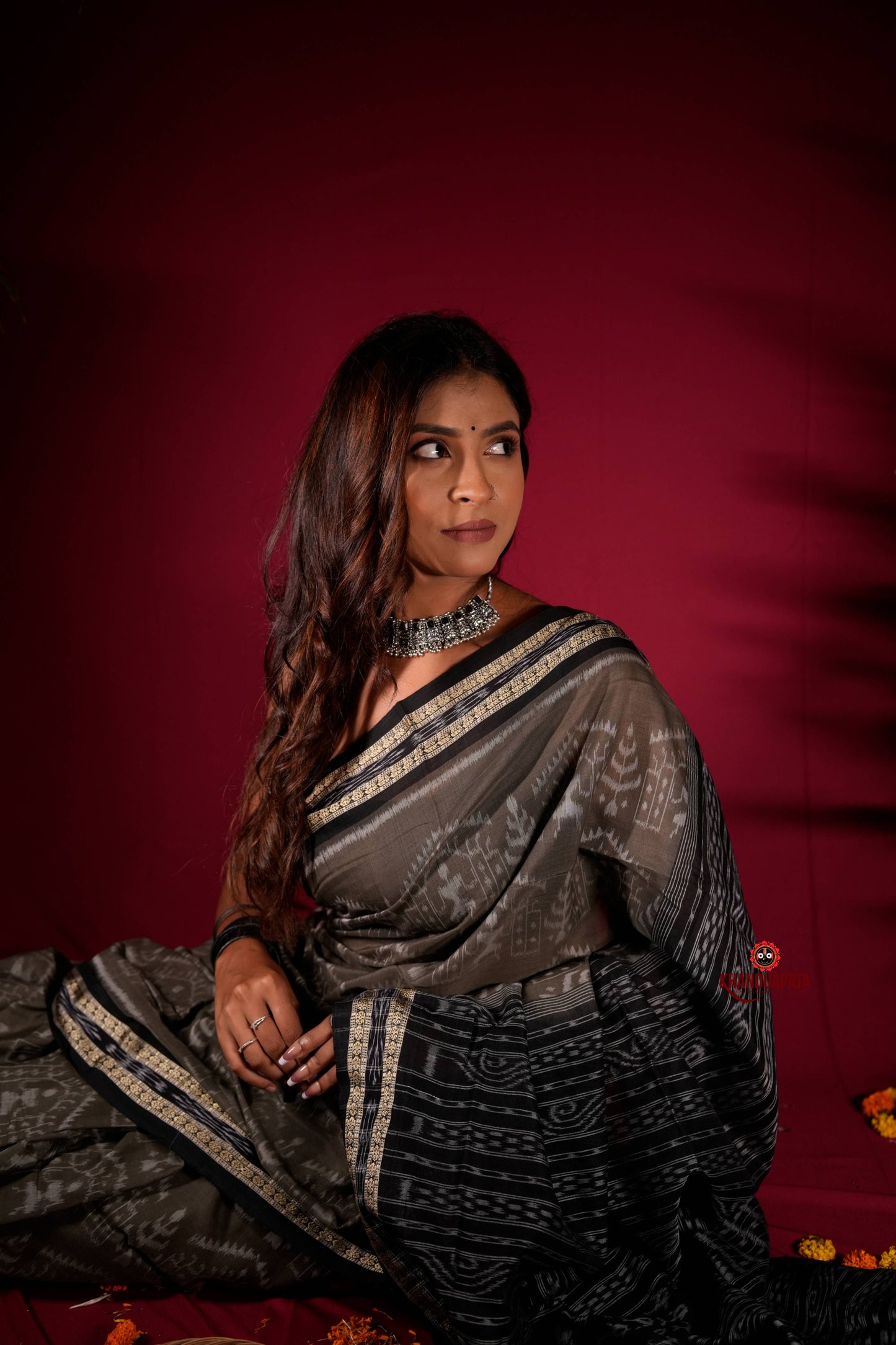 Grey & Black Colour Body Design Cotton Saree For Women