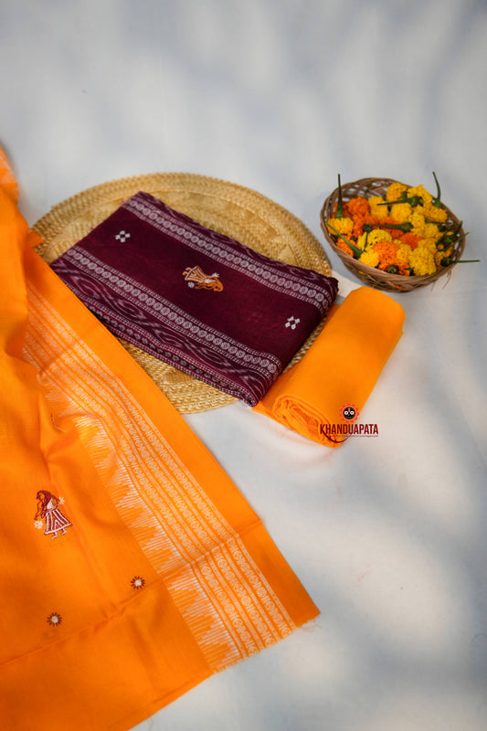 Maroon & Yellow Doll Design Unstitched Cotton Suit For Women