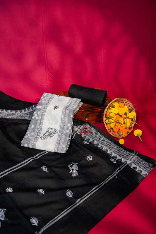 White & Black Pasapali Design Unstitched Cotton Suit For Women