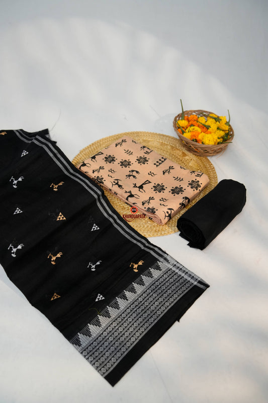 Beige & Black Embroidery Tribal Design Unstitched Cotton Suit For Women