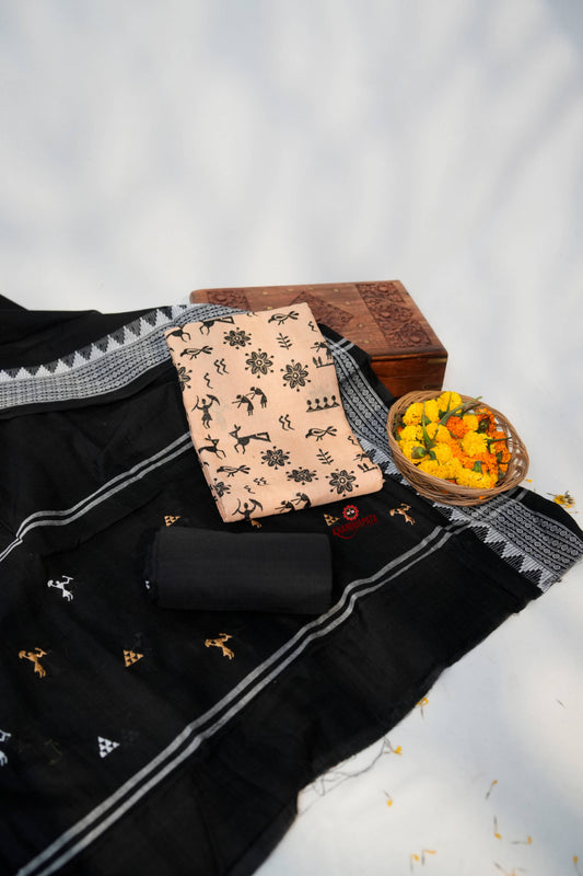 Beige & Black Embroidery Tribal Design Unstitched Cotton Suit For Women